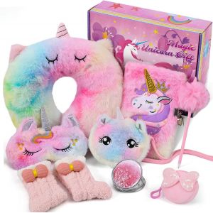 Peluche Licorne Cadeau Fille 6 7 8 9 10 Ans Licorne Jouet Coussin De Voyage/Masque Sommeil/Journal/Chaussettes/Miroir/Sac À Main/Voyage Accessoires Anniversaire Noël Cadeau Enfants - Neuf