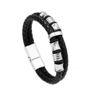 Bracelet Jonc Double Rang&eacute;e Pour Homme En Cuir Tress&eacute; Avec Fermoir En Acier Inoxydable, En Cuir Noir. - Neuf