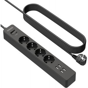 Multiprise Electrique USB, Multiprise Pare foudre avec 4 Prises et 4 Ports USB, Long Cordon de 3 m, avec Interrupteurs, Anti foudre, Protection pour Les Enfants, pour Maison et Bureau- Noire - Neuf