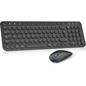 Ensemble Clavier et Souris sans Fil Bluetooth BT1+BT2+2,4 GHz, Combo Clavier AZERTY Souris Rechargeable Ultra Mince, Pack Clavier Souris pour PC/Tablette/Windows, iOS, Mac OS - Noir - Neuf
