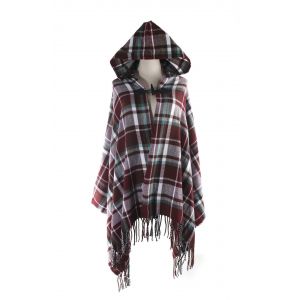 Les Femmes Vintage Plaid Tricoté À Pompon Poncho Châle Cape Bouton Cardigan-Marron - Neuf