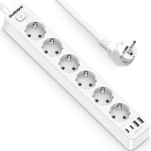 Multiprise 6 Prises avec 4 Ports USB Multiprise avec Interrupteur 3680W/16A Prise Multiple Electrique Multi prise Murale Avec Protection Contre Les surtensions pour Cuisine/Bureau/Maison, 1,8 m, Blanc - Neuf