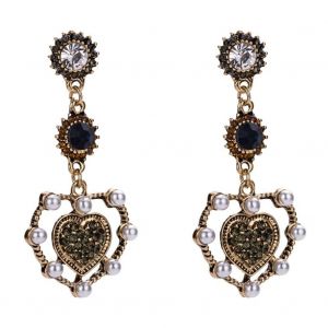Femmes &Eacute;l&eacute;gantes Vintage Coeur Forme Strass Fausse Perle Goutte Longues Boucles D'oreilles - Neuf