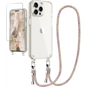 Kal-Chaîne De Téléphone Portable - Coque De Protection Pour Iphone 14 Pro - Avec Bande Et Film De Protection - Transparent - Avec Cordon De Suspension - Pour Iphone 14 Pro 6,1"" - Arc-En-Ciel - Neuf