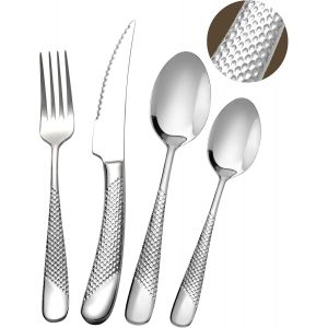 Ensemble De Couverts Modernes 24 Pièces, Noir Martelé Couteaux Dentelés 2-En-1 Ultra-Tranchants, Service En Acier Inoxydable 18/10 Set Pour 6 Personnes, Couteaux, Fourchettes, Cuillères - Neuf