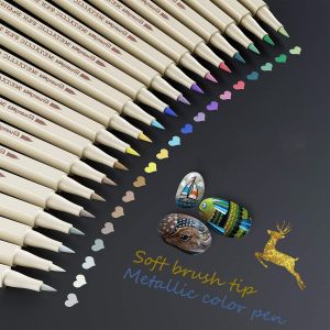 Marqueurs M&eacute;talliques Feutres 20 Couleurs Stylos M&eacute;talliques Ecrire Sur Toute La Surface, Diy Album, Scrapbooking, Travailler Pour La Carte, Cailloux, Bullet Journal - Pointe Douce - Neuf