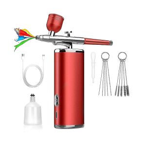 A&eacute;rographe Portable Rechargeable Sans Fil Avec Compresseur Et Double Action Pour Le Visage, Le Nail Art Et La Beaut&eacute;, Rouge. - Neuf