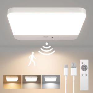 Lampe De Plafonnier Avec D&eacute;tecteur De Mouvement, Led Plafond Sans Fil, Rechargeable Plafonnier Pour Douche, Salle De Bain, Garage, Escalier, 3 Temp&eacute;ratures De Couleur, T&eacute;l&eacute;commande - Neuf