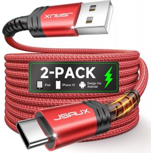 Thef-Câble Usb C Charge Rapide (1+2m Lot De 2) 3,1a Chargeur Usb C Cable Compatible Avec Iphone 16 15 Pro Max Plus, Samsung Galaxy A14 A15 A25 A35 A53 A55 S24 S23 S22 S21, Carplay, Manette Ps5 -Rouge - Neuf