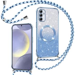 SJZG-Couqe Magn&eacute;tique Pour Samsung Galaxy S24 5G Con Cordon, Compatible Avec Magsafe, Brillant Glitter Paillet&eacute; Antichoc Durable R&eacute;sistante Etui Housse Pour Samsung S24 Bumper, Bleu - Neuf