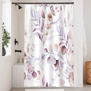 KAL-Rideau Douche Anti Moisissure, Rideau De Douche 120X180Cm Violet Feuilles D'Eucalyptus Lavande Fleuri Rideaux De Baignoire Tissu Lavable Imperméable Rideaux Salle De Bain Avec 8 Crochets - Neuf