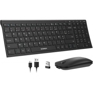 WGJP-031B Combo Clavier et Souris sans Fil Rechargeable, Silencieux, Ultra-Fin, AZERTY Fran&ccedil;ais, 2,4 GHz R&eacute;cepteur USB, avec Pav&eacute; Num&eacute;rique, pour Windows, PC, Ordinateur Portable,Gris - Neuf