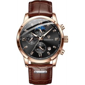 Montre Homme|Etanche Cuir Montres Hommes R&eacute;tro &Eacute;l&eacute;gante Analogique &Agrave; Quartz Chronographe Date Phase De Lune Aiguilles Luminescentes Vintage Waterproof Mens Watches.[J304] - Neuf