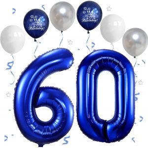 Ballon Anniversaire 60 Ans Bleu Foncé, 101 Cm Bleu Argent Blanc Latex Ballon Chiffre 60, Décoration Ballons 60 Ans Anniversaire, Foil Helium Ballons Numéro 60 Pour Décoration De Fête - Neuf