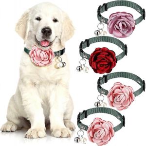 4 Pièces Pet Rose Chat Collier Chien Fleur Nylon Collier Réglable Avec Cloche Et Perle Animal De Compagnie - Neuf