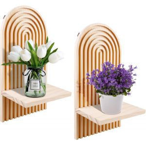 CAUC-Lot de 2 &Eacute;tag&egrave;re Murale, &Eacute;tag&egrave;res Flottantes, Etag&egrave;res Murales, en Boho, D&eacute;coratif en Bois pour &Eacute;tag&egrave;re Murale sans Percage &Eacute;tag&egrave;re Flottante en Bois De Ch&ecirc;ne Massif, pour Salon, Cuisine, Chambr - Neuf