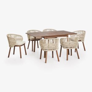 Set de table extensible 100-160x100 cm Karvia et 6 chaises de salle &agrave; manger en bois d'acacia et corde tress&eacute;e Capri Beige Cr&egrave;me - Neuf