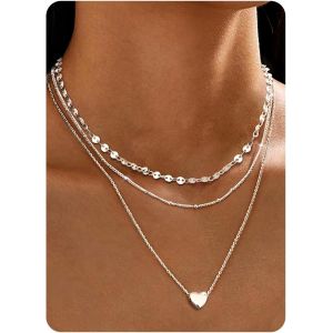Kal-3pcs Collier Femme Acier Inoxydable Collier Coeur Chaine Argent Femme Plaqué Or 14k Collier Réglable Cz Coeur Pendentif Kette Bijoux - Avec Boîte À Bijoux - Neuf
