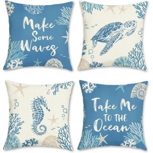 Cauc-Housse De Coussin &Eacute;t&eacute; C&ocirc;tier 45 X 45 Cm Tortue Marine Hippocampe Oc&eacute;an Bleu Polyester Lin D&eacute;coratif Taie D'oreiller Pour Canap&eacute; Salon Chambre Maison D&eacute;coration 4 Pi&egrave;ces - Neuf