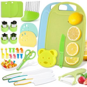ChenQuanSarl-Couteau Cuisine Pour Enfants - 29 Pi&egrave;ces S&eacute;curit&eacute; Couteau De Cuisine Pour Enfants, Couvert Enfant Pour Cuire Et Couper Les Fruits, Montessori Couteau Enfant Avec Planche &Agrave; D&eacute;couper - Neuf
