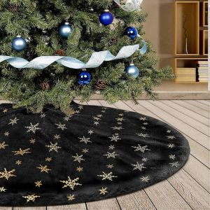 Jupe de sapin de No&euml;l noire en peluche de 90 cm avec flocons de neige dor&eacute;s &agrave; paillettes, housse de support de sapin de No&euml;l, tapis en fausse fourrure brillante pour sapin de No&euml;l - Neuf