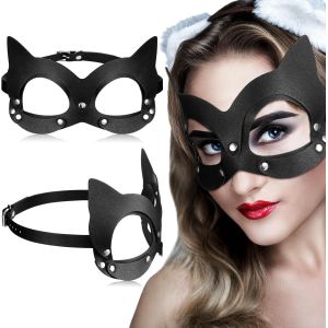 Masque De Chat D'halloween Pour Femme Accessoire De D&eacute;guisement De Carnaval Demi-Masque En Cuir Pu Noir Pour Jeux De R&ocirc;le F&ecirc;te De Cosplay.[J178] - Neuf