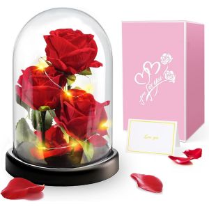 TRAHOO-Cadeaux de F&ecirc;te des M&egrave;res pour Femmes - Rose Eternelle sous Cloche Cadeau Femme - 3 Roses de Soie Rouges,Rose D&ocirc;me en Verre Fleur Artificielle avec LED Lumi&egrave;res, Cadeau pour Petite Amie,Femme, - Neuf