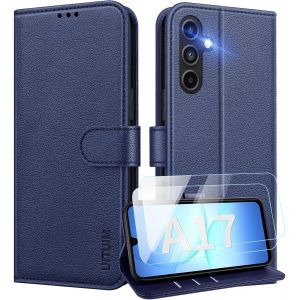 JGD-Coque pour Samsung Galaxy A17 5G/4G Etui Portefeuille Pochette Cuir avec 2 Verre Tremp&eacute; Protection &Eacute;cran Porte Carte Rabat Clapet Flip Case Cover Housse &Eacute;tui pour Samsung A17 5G/4G,Bleu - Neuf