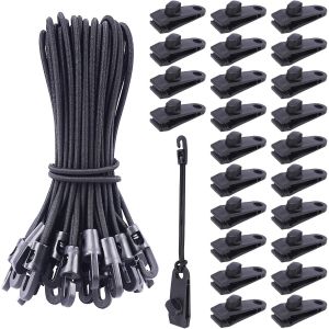 Checarzhn--No1-Lot De 25 Clips De Bâche + 25 Petits Cordons Élastiques Avec Crochets De 25,4 Cm, Crochets De Serrage Robustes Pour Tente, Polo, Clôture, Filet, Camping, Jardin - Neuf