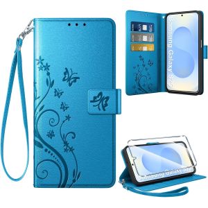 Sjzg-Coque Pour Samsung Galaxy S25 5g + 1 Verre Tremp&eacute;, Retro Design Housse Premium En Cuir Pu Pochette De Portefeuille Pour Porte Cartes Fonction Stand Flip Etui Pour Samsung S25, Bleu - Neuf