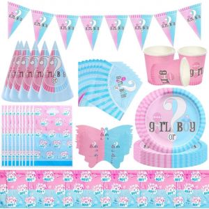 Letnerny-87pcs Gender Reveal Vaisselle Fille Ou Garcon Baby Shower Gender Reveal Footprints Party Assiette Kit Serviettes Assiette Tasse Nappe Deco Table Couvert Fournitures Fête Bébé Baptême-10 Invi - Neuf