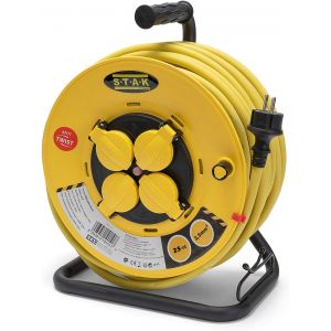 JEXNOVASHOP-Stak REELPRO-FR-25 Enrouleur electrique professionnel, tambour fixe, water proof IP44 cable 25m en caoutchouc 3G2.5m&iquest; pour chantier, bricolage, jardin. 4 Prises, chassis acier, Jaune - Neuf