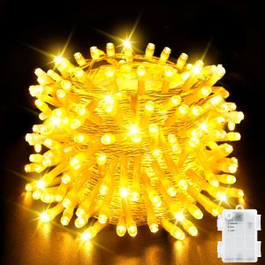TRAHOO-Guirlande lumineuse d'ext&eacute;rieur &agrave; piles, minuterie, 5 m, 50 LED, avec minuterie, &eacute;tanche IP65, blanc chaud, pour No&euml;l, chambre &agrave; coucher, f&ecirc;te, mariage - Neuf