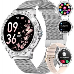 Montre Connectée Femme Bluetooth Appel Téléphonique 100+ Sport Argent Montre Femme Connectée Pour Android Ios 1,32"" Hd Fréquence Cardiaque Sommeil Moniteur Diamond Femme Smartwatch - Neuf