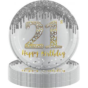 16 Pièces Assiette Pour Fête Anniversaire 21 Ans,9 Pouces/40cm Argent Or Papier Assiette Dessert Plateau Vaisselle Pour Décoration Anniversaire 21 Ans Homme Femme - Neuf