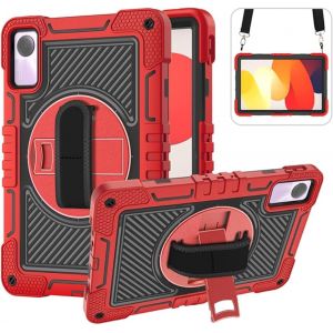 Étui De Tablette Pour Xiaomi Redmi Pad Se 11" (2023) - Robuste - Antichoc - Trois Couches - Rotation À 360 Degrés - Avec Bandoulière - Rouge Noir - Neuf