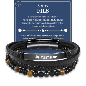 Kal-Cadeau Pour Homme Bracelet Cuir Véritable Avec Pierres Naturelles, Cadeau Pour Couple Mari Petit-Ami Fils Papa Grand Pere, Cadeau Pour Saint-Valentin Fete Des Peres Noël Anniversaire - Neuf
