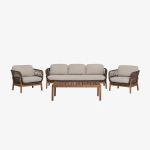 Ensemble De Jardin Avec Canap&eacute; 3 Places, 2 Fauteuils Et Table Basse En Bois D'acacia Et Corde Tress&eacute;e Karvia Brun Acacia - Neuf