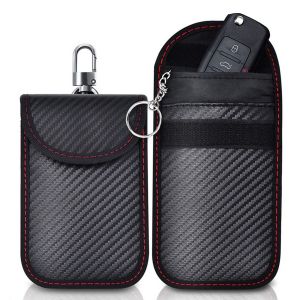 (9x14cm) Etui Anti RFID Signal Faraday Pochette Sac, Lot de 2 Pochettes Blocage Signal pour Clé Voiture en Fibre de Carbone, avec 2 porte-clés en métal Noir - Neuf