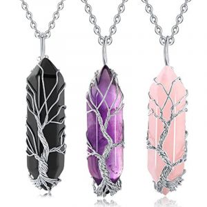(A) 3pcs Collier Pendentif Arbre De Vie En Cristal De Quartz Clair Fil D'argent Enroulé Pierre Précieuse Point De Guérison Chakra Collier En Quartz Pour Femmes Hommes - Neuf