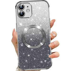 SJZG-Coque Magn&eacute;tique Pour Iphone 11, Etui &Agrave; Paillettes Compatible Avec Magsafe, Antichoc Charge Sans Fil Housse Pour Iphone 11, Avec 2 Verre Tremp&eacute;, Noir - Neuf