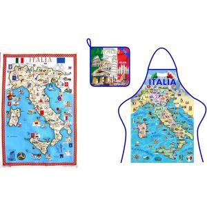 Eryi-Set Tablier Torchon Manique 3 Pièces Coton Cuisine Italie Fabriqué En Italie Produits Italiens, Cadeau Carte, Assortis, M - Neuf