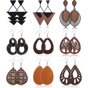Kalhx-9 Paires Boucles D'oreilles En Bois Naturel Pour Femmes Boucles D'oreilles Pendantes Ethniques Boucles D'oreilles Africaines Crochet En Acier Inoxydable 316l Boucles D'oreilles Extra Longues - Neuf