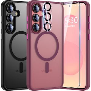 SJZG-Pour Samsung Galaxy S25 Coque,5-En-1 Kit Coque Pour Samsung Galaxy S25 Case Protection Cover,1 Coque & 2 Verre Tremp&eacute; & 2 Cam&eacute;ra Arri&egrave;re Protecteur - Givr&eacute; Rouge - Neuf