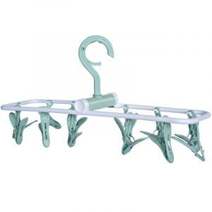 Cintre avec 12 pinces, petit cintre portable pliable, crochet rotatif à 360 °, pour sécher serviettes, soutiens-gorge, vêtements de bébé, gants, plastique (vert) - Neuf