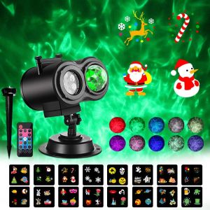 Projecteur de Noël extérieur et intérieur, projecteur d'Halloween extérieur avec télécommande, 16 motifs et 10 couleurs, effet vague d'eau, flocon de neige, lampe de décoration pour fête, Noël - Neuf