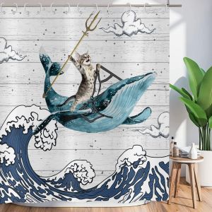 Rideau de Douche drôle 120x180 cm,Chats Chevauchant Baleines Vagues de mer Lavable drôle Textile Rideaux de Rideaux de Douche imperméables pour Baignoire avec 8 Crochets - Neuf