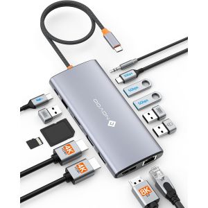 NAERYUT-14-En-1 Docking Station Double Moniteur,Hub Usb C Vers Dual Hdmi,Displayport,Ethernet Rj45,100W Pd,Usb 3.0/2.0,Sd/Tf Et Audio,Station D'Accueil Usb C Pour Macbook Hp Dell - Neuf