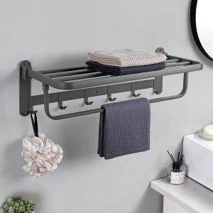 Eryi-60cm Porte-Serviettes Pliante Gris Porte Serviette De Salle De Bains Murale Pliable 2 Étagère En Acier Inoxydable Barre De Serviettes Avec 6 Crochets - Neuf