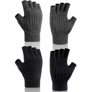 2 Pairs Winter Gloves Half Finger Stretch Fingerless Gloves For Men And Women, Grey, Black, One Size - Neuf